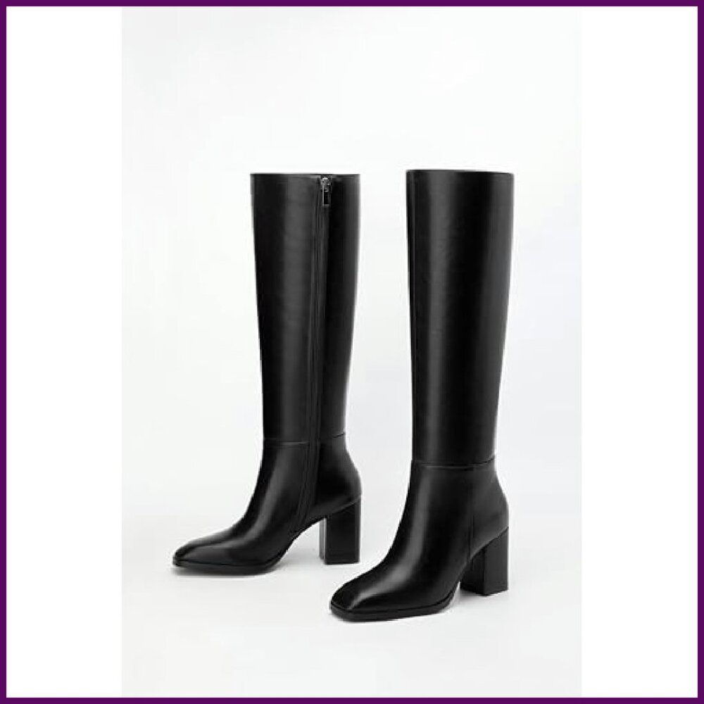 Knee High Boots Chunky Heel Square Toe 3 Inch Side Zipper Tall Boots - Picture 7 of 7